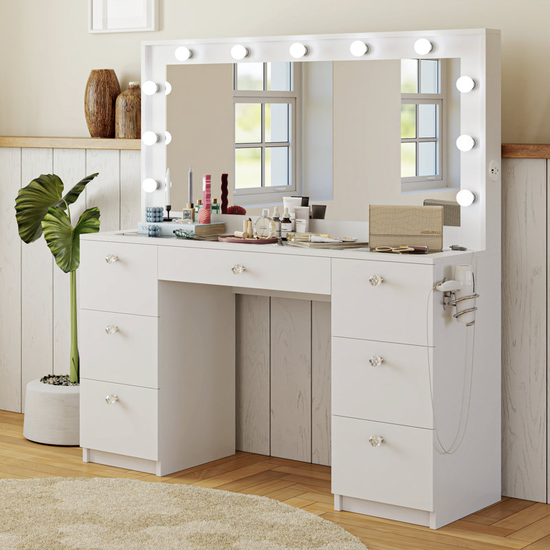 Boahaus Yara Large Lighted Makeup Vanity Desk with Big Mirror and Built In Lights 7 Drawers Glass Top USB Port Power Outlet White Crystal Ball